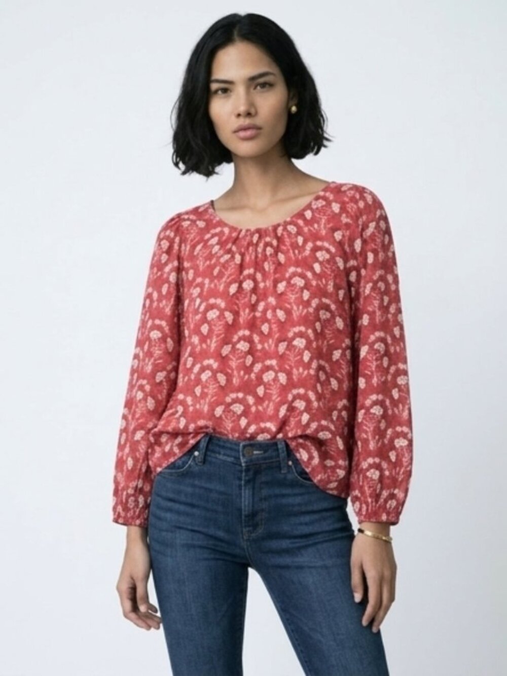 LC Lauren Conrad Raspberry Red Floral Tie-Neck Peasant Blouse